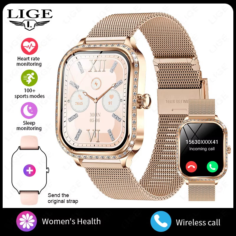 LIGE Nuovo Orologio Intelligente Di Lusso Cardiofrequenzimetro Braccialetto Da Donna Di Moda 2024 Chiamata Bluetooth Smartwatch Womoen per Android IOS