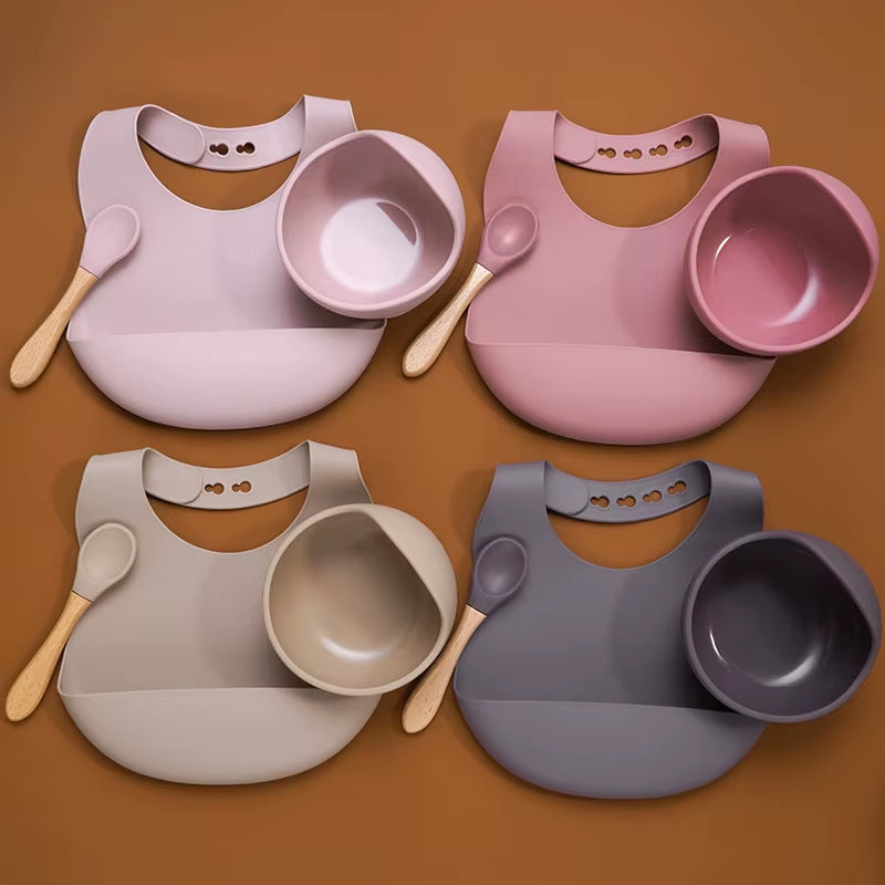 BPA Free Baby Silicone Tableware Waterproof Bib Flexible Saliva Towel Solid Color Sucker Bowl and Spoon for Children