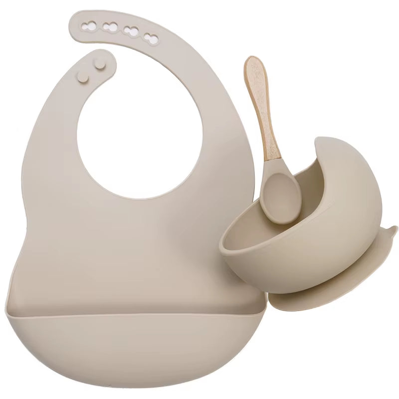 BPA Free Baby Silicone Tableware Waterproof Bib Flexible Saliva Towel Solid Color Sucker Bowl and Spoon for Children