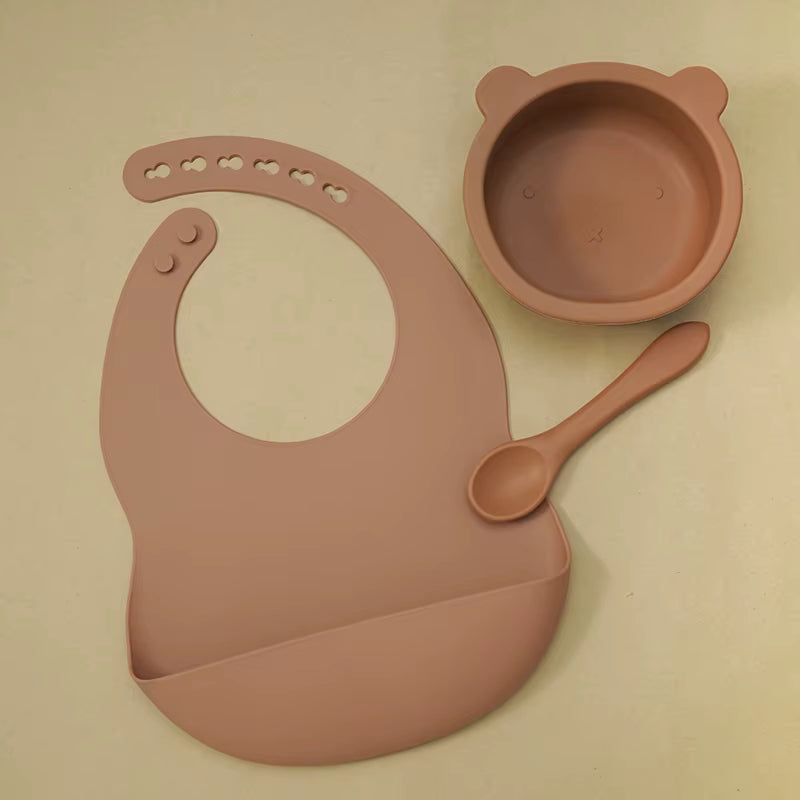 BPA Free Baby Silicone Tableware Waterproof Bib Flexible Saliva Towel Solid Color Sucker Bowl and Spoon for Children