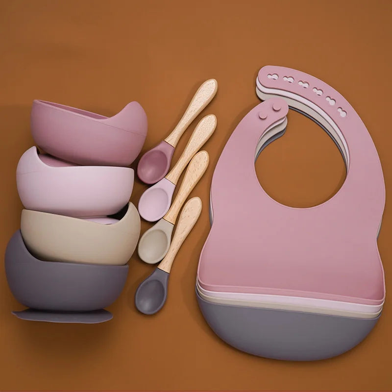 BPA Free Baby Silicone Tableware Waterproof Bib Flexible Saliva Towel Solid Color Sucker Bowl and Spoon for Children