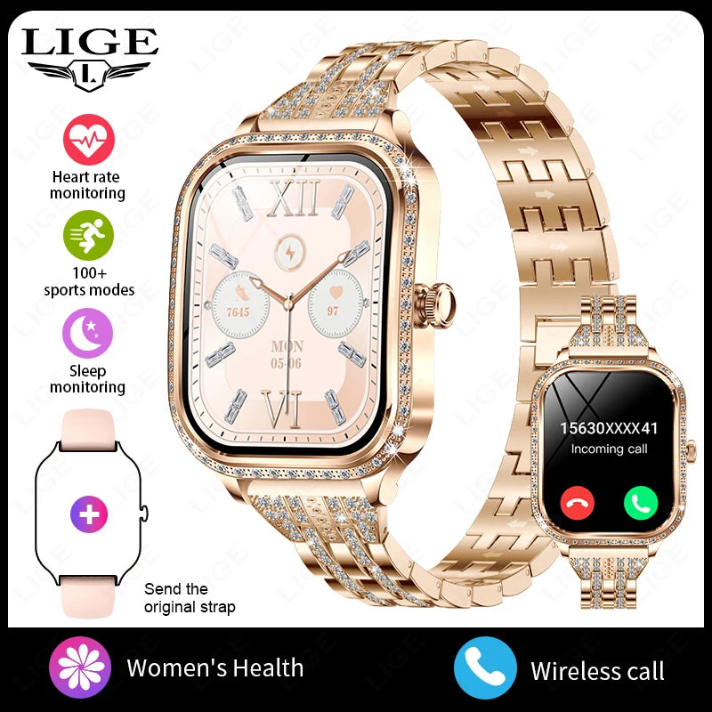 LIGE Nuovo Orologio Intelligente Di Lusso Cardiofrequenzimetro Braccialetto Da Donna Di Moda 2024 Chiamata Bluetooth Smartwatch Womoen per Android IOS