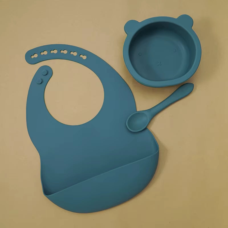 BPA Free Baby Silicone Tableware Waterproof Bib Flexible Saliva Towel Solid Color Sucker Bowl and Spoon for Children