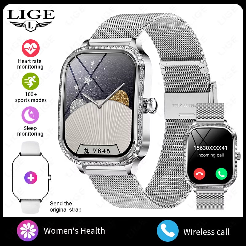 LIGE Nuovo Orologio Intelligente Di Lusso Cardiofrequenzimetro Braccialetto Da Donna Di Moda 2024 Chiamata Bluetooth Smartwatch Womoen per Android IOS